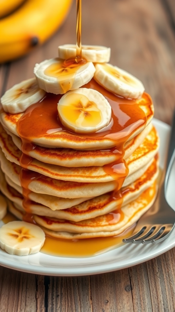 Fluffy banana pancakes with banana slices and syrup on a white plate on a wooden table.